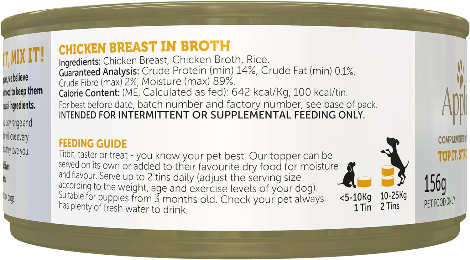 Taste Toppers 100% Natural Wet Dog Food Chicken Breast in Broth Tin 156G (Pack of 16), Limited Ingredients Pet Food