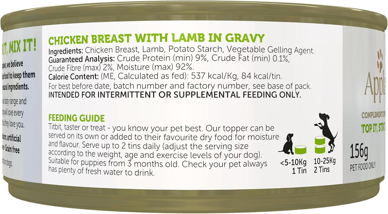 Taste Toppers 100% Natural Wet Dog Food Chicken Breast with Lamb in Gravy Tin 156G (Pack of 16), Limited Ingredients Pet Food