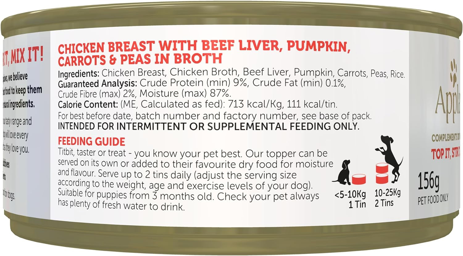 Taste Toppers 100% Natural Wet Dog Food Chicken Breast with Beef Liver & Vegetables in Broth Tin 156G (Pack of 16), Limited Ingredients Pet Food